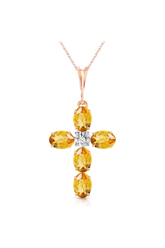 14K Solid Gold Natural Citrine Cross Pendant Necklace for Women - Rose Gold Fine Jewelry