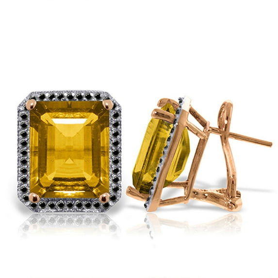 Galaxy Gold 14k Rose Gold French Clips Earring with Natural Black Diamonds and Octagon Shaped Citrines