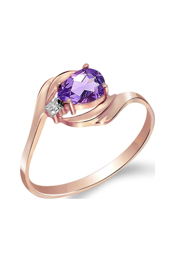 14K Solid Gold Natural Diamond & Amethyst Pear Drop Ring for Women - Rose Gold Fine Jewelry