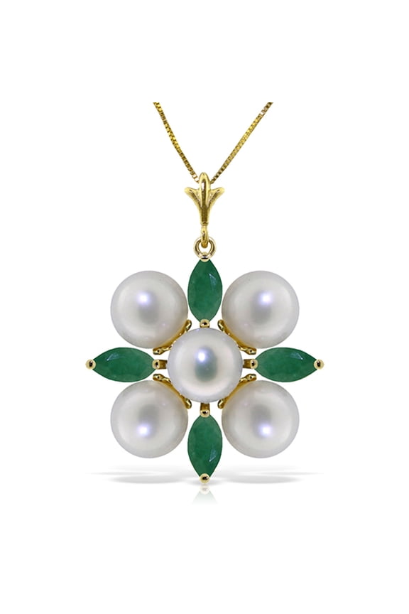 14k Solid Gold 18" Cluster Pearl Necklace with Emeralds