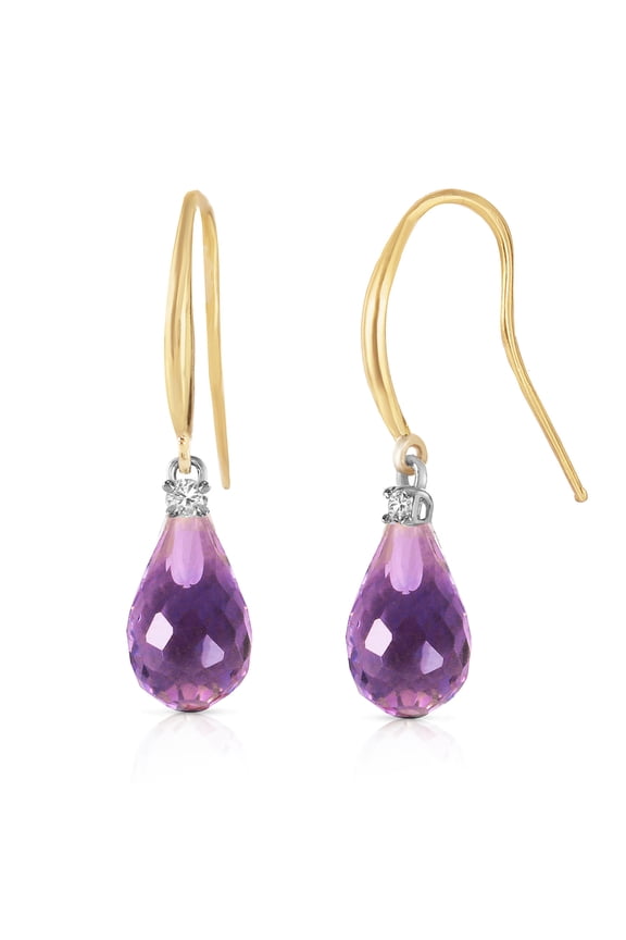 14k Solid Gold Diamond Fish Hook Earrings with Amethysts