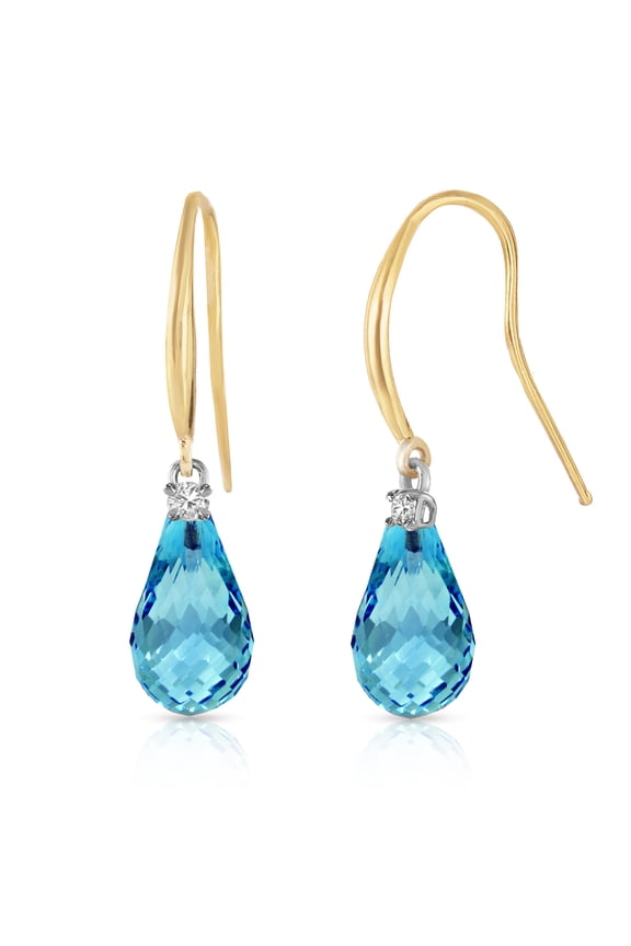 14k Solid Gold Diamond Fish Hook Earrings with Blue Topaz