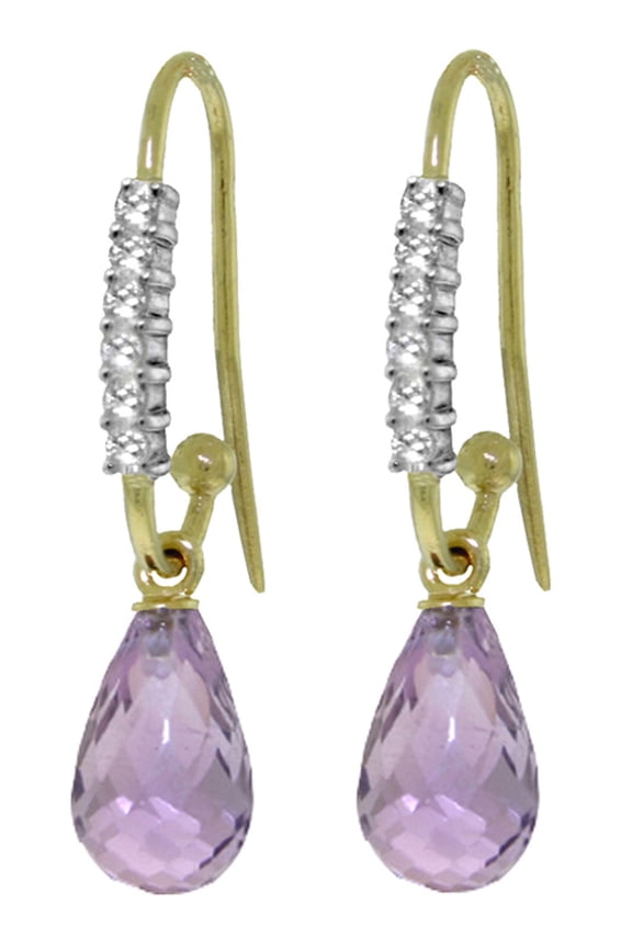 14k Solid Gold Diamond Fish Hook Earrings with Natural Amethysts