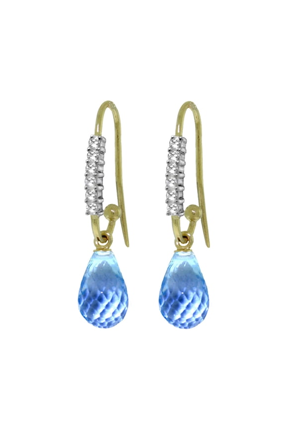 14k Solid Gold Diamond Fish Hook Earrings with Natural Blue Topaz