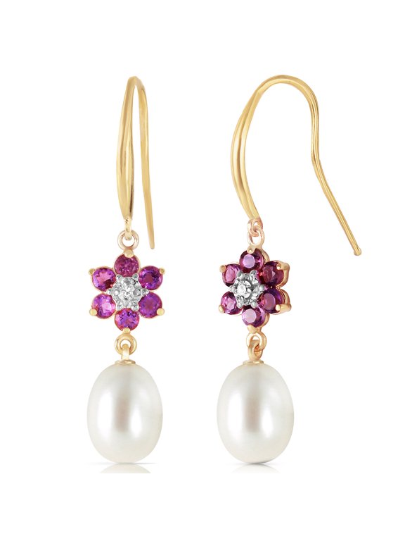 14k Solid Gold Fish Hook Flower Earrings with Amethysts and Pearls