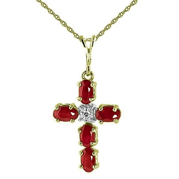 Galaxy Gold GG 14K Yellow Gold 1.75 Carat Natural Diamonds and Ruby Cross Pendant Necklace - July Birthstone - Passion & Protection - 16" to 24" - Fine Jewelry for Women