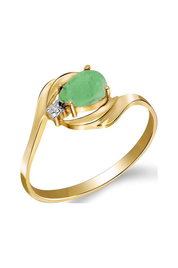 14k Solid Yellow Gold Ring with Natural Diamond and Pear-shaped Emerald - Size 6