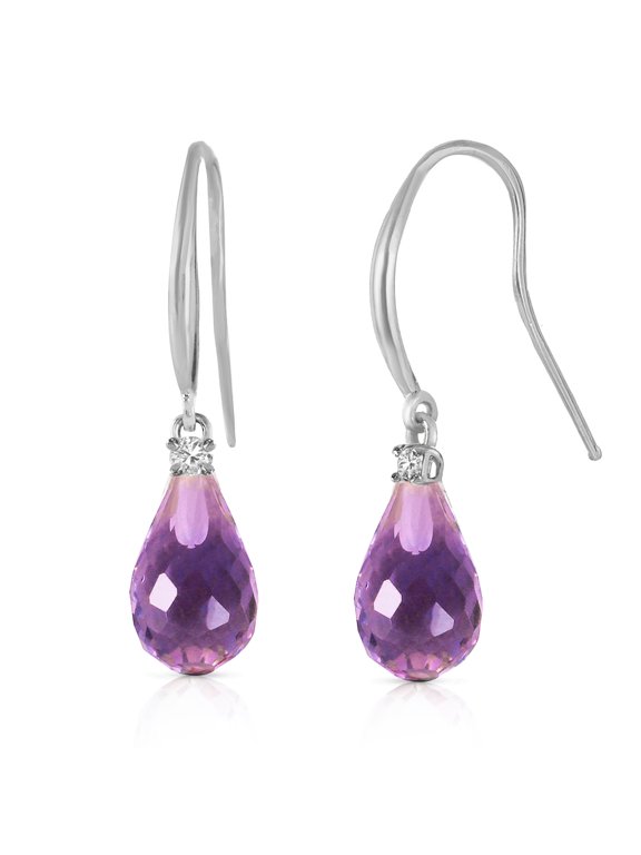 14k White Gold Diamond Fish Hook Earrings with Amethysts