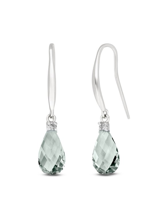 14k White Gold Diamond Fish Hook Earrings with Green Amethysts