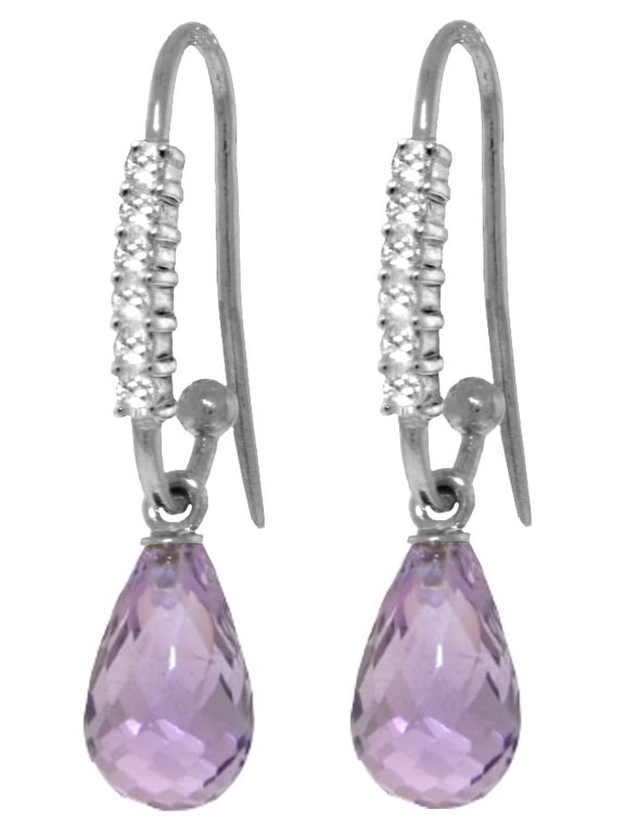 14k White Gold Diamond Fish Hook Earrings with Natural Amethysts