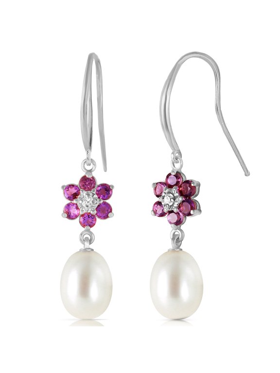 14k White Gold Fish Hook Flower Earrings with Amethysts and Pearls