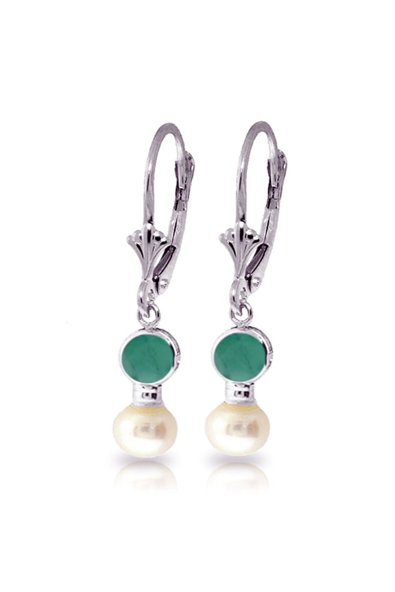 14k White Gold Freshwater-cultured Pearl with Emerald Dangle Earrings
