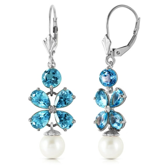 Galaxy Gold 14k White Gold Leverback Earrings with Blue Topaz and Freshwater-cultured Pearl