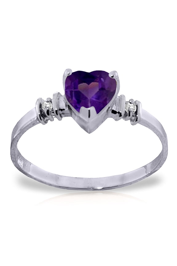 14k White Gold Ring with Genuine Diamonds and Natural Heart-shaped Purple Amethyst - Size 11