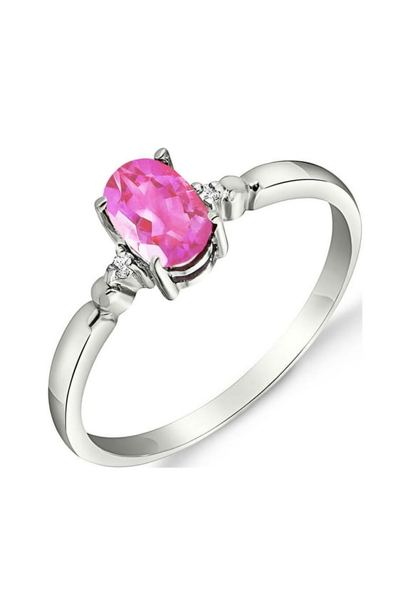 14k White Gold Ring with Natural Diamonds and Oval-shaped Pink Topaz - Size 5.5