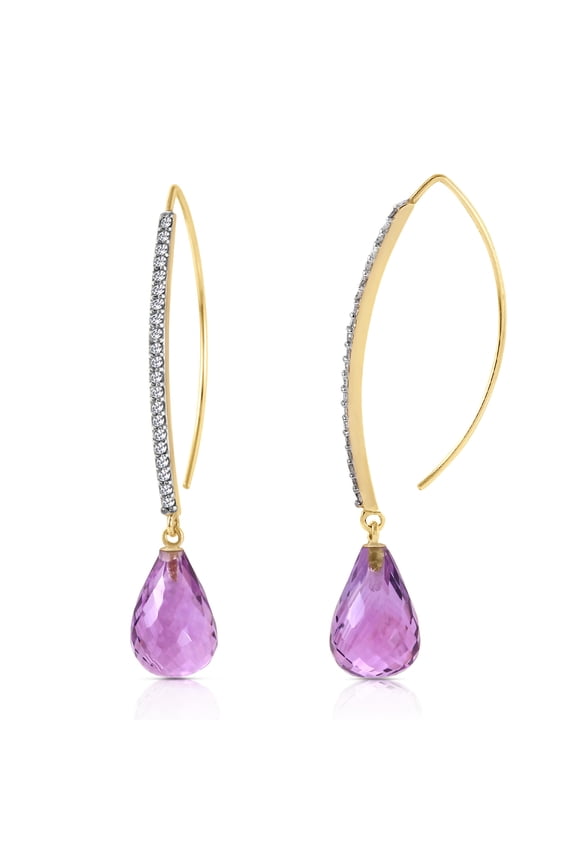 14k Yellow Gold Diamonds Fish Hook Earrings with Dangling Briolette Amethyst