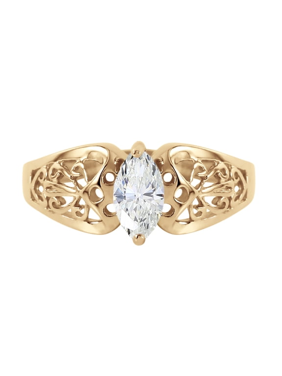 14K Solid Yellow Gold Filigree Ring with Natural Marquis-Shaped White Topaz, Size 6.0, 5.5-11 Sizes, November Birthstone, Symbol of Clarity