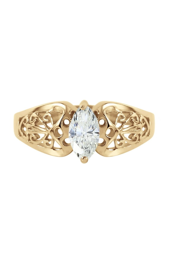 14K Solid Yellow Gold Filigree Ring with Natural Marquis-Shaped White Topaz, Size 8.5, 5.5-11 Sizes, November Birthstone, Symbol of Clarity