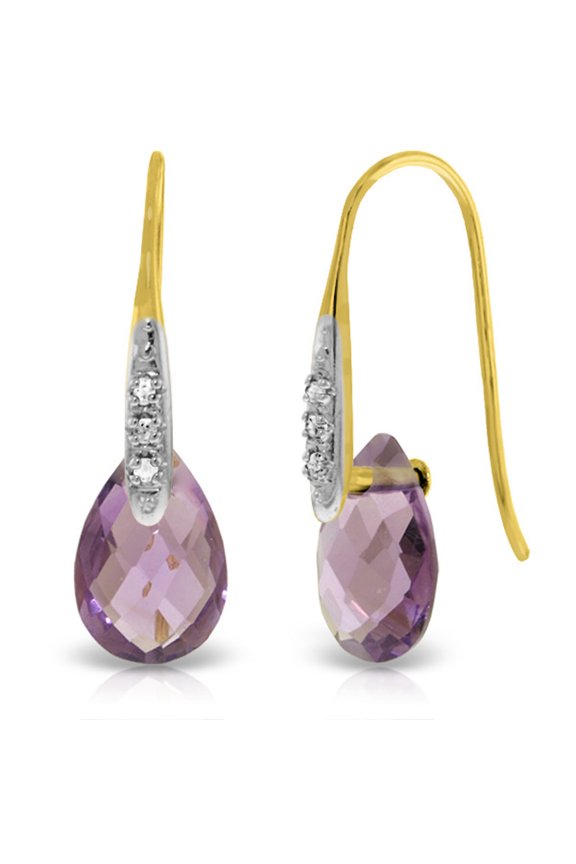 14k Yellow Gold Fish Hook Earrings with Diamonds and Dangling Briolette Amethysts
