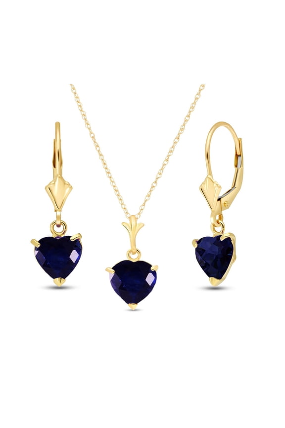 14k Yellow Gold Jewelry Set - Necklace and Earrings w/ Natural Heart-shaped Sapphires