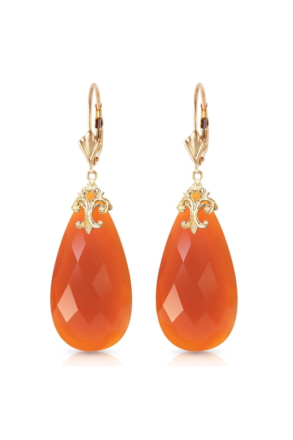 14k Yellow Gold Lever Back Earrings with Briolette 31x16 mm Reddish Orange Chalcedony