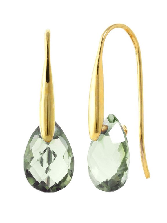 14k Yellow Gold Natural Pear-shaped Green Amethyst Fish Hook Dangle Earrings