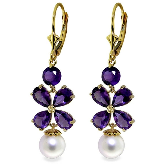 Galaxy Gold 14k Yellow Gold Purple Amethyst Flower with Freshwater-cultured Pearl Dangling Earrings