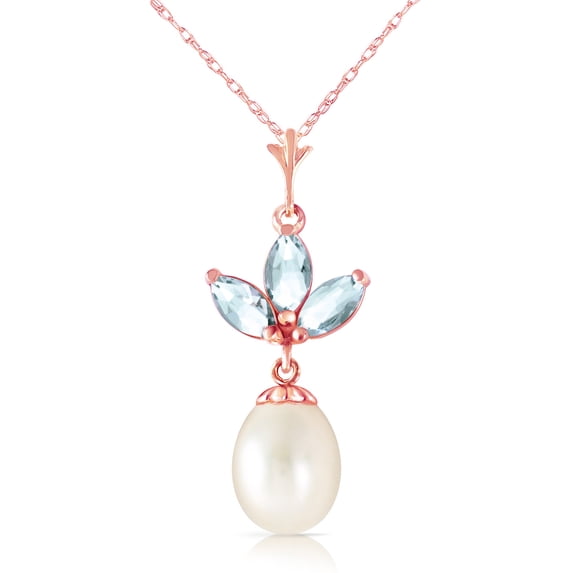 Galaxy Gold 14K Solid Rose Gold 14" Necklace with Freshwater-Cultured Pearl and Natural Aquamarines, 14"-24" Sizes, March Birthstone, Symbol of Serenity