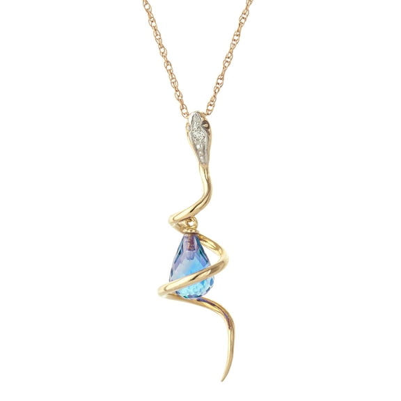 Galaxy Gold 14K Solid Yellow Gold 18" Snake Necklace with 2.28 CT Natural Diamonds and a Dangling Briolette Blue Topaz Drop, 14"-24" Sizes, December Birthstone, Symbol of Calm