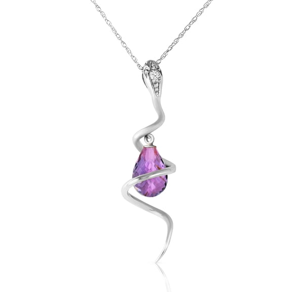 Galaxy Gold 14K Solid White Gold 14" Snake Necklace with 2.28 CT Natural Diamonds and a Dangling Briolette Amethyst Drop, 14"-24" Sizes, February Birthstone, Symbol of Serenity