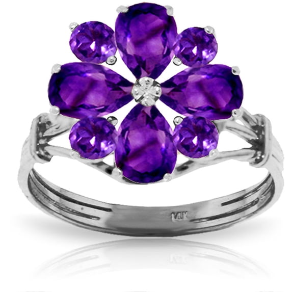 Galaxy Gold 14K White Gold 2.43 CT Natural Purple Amethyst Flower Ring - February Birthstone - Peace & Wisdom - Sizes 5.5 to 11 - Fine Jewelry for Women
