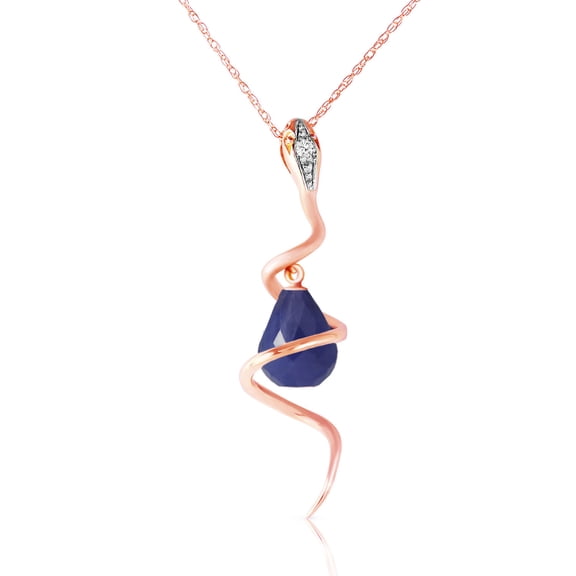 Galaxy Gold 14K Solid Rose Gold 22" Snake Necklace with 3.33 CT Natural Diamonds and a Dangling Briolette Dyed Sapphire Drop, 14"-24" Sizes, September Birthstone, Symbol of Wisdom