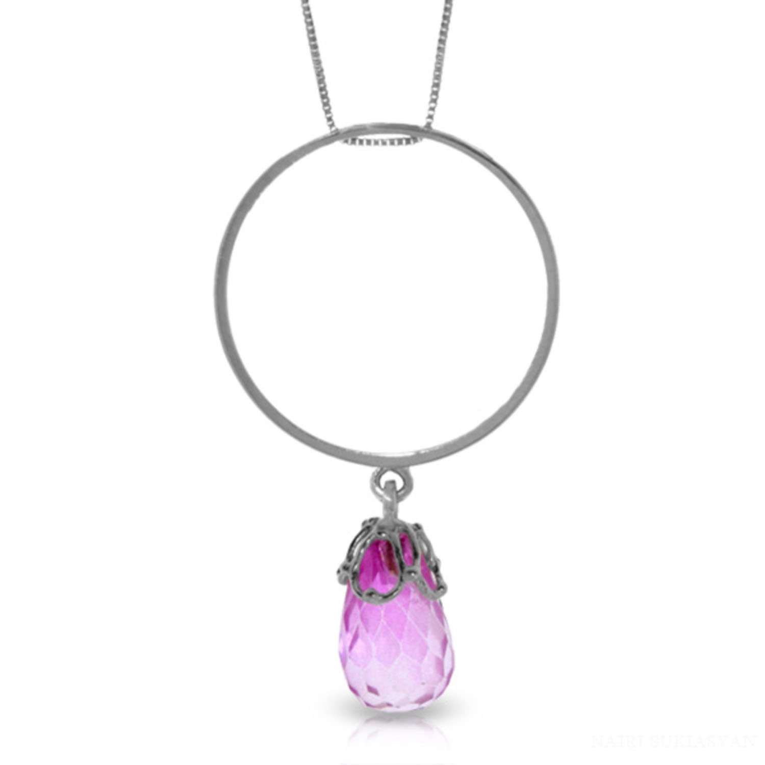 Galaxy Gold 3 Carat 14k 16" Solid White Gold Necklace with Natural Pink Topaz Charm Circle Pendant - image 1 of 2