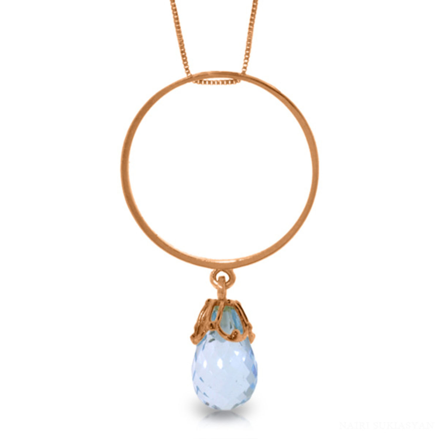 Galaxy Gold 3 Carat 14k 22" Solid Rose Gold Necklace with Natural Blue Topaz Charm Circle Pendant - image 1 of 2