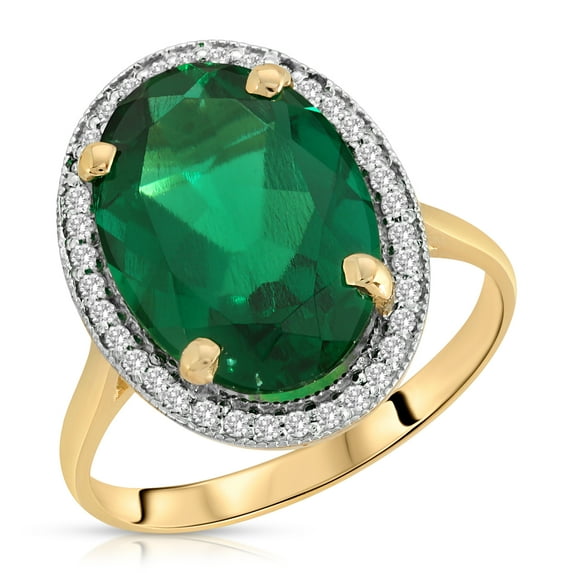 Galaxy Gold 4.68 Carat Total Weight 14K Solid Yellow Gold Emerald with Natural Diamonds Halo Ring Brilliant Oval Shape Cut Round Diamonds Anniversary Engagement Ring (7)