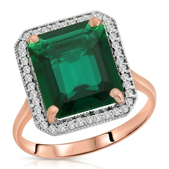 Galaxy Gold 4.70 Carat Total Weight 14K Solid Rose Gold Emerald with Natural Diamonds Halo Ring Brilliant Octagon Emerald Shape Cut Round Diamonds Anniversary Engagement Ring (6.5)