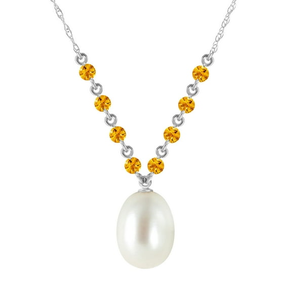 Galaxy Gold 14K White Gold 5 Carat Citrine and Pearl Pendant Necklace - November Birthstone - Warmth & Prosperity - 16" to 24" - Fine Jewelry for Women