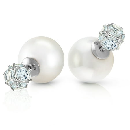 Galaxy Gold 14K White Gold Natural Pearl and Aquamarine Stud Earrings - March Birthstone - Courage & Clarity - Fine Jewelry for Women