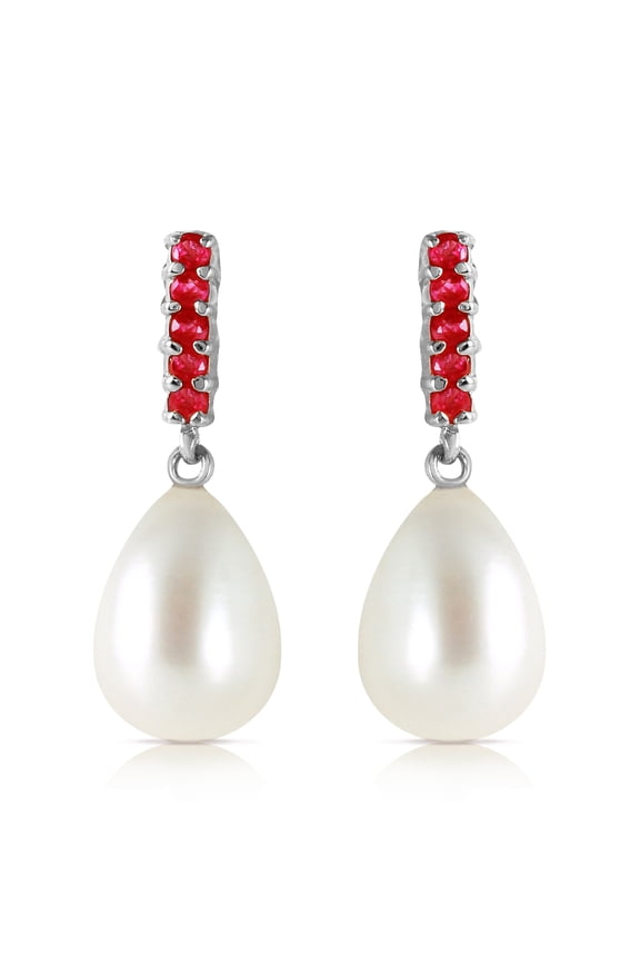 14K White Gold 8.4 CTW Natural Ruby and Freshwater Pearl Dangle Earrings - July Birthstone - Passion & Protection - Fine Jewelry for Women