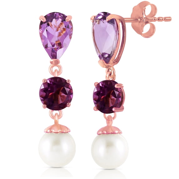 Galaxy Gold GG 14K Rose Gold 10.5 Carat Natural Amethyst and Natural Pearl Dangle Earrings - February Birthstone - Peace & Wisdom - Fine Jewelry for Women