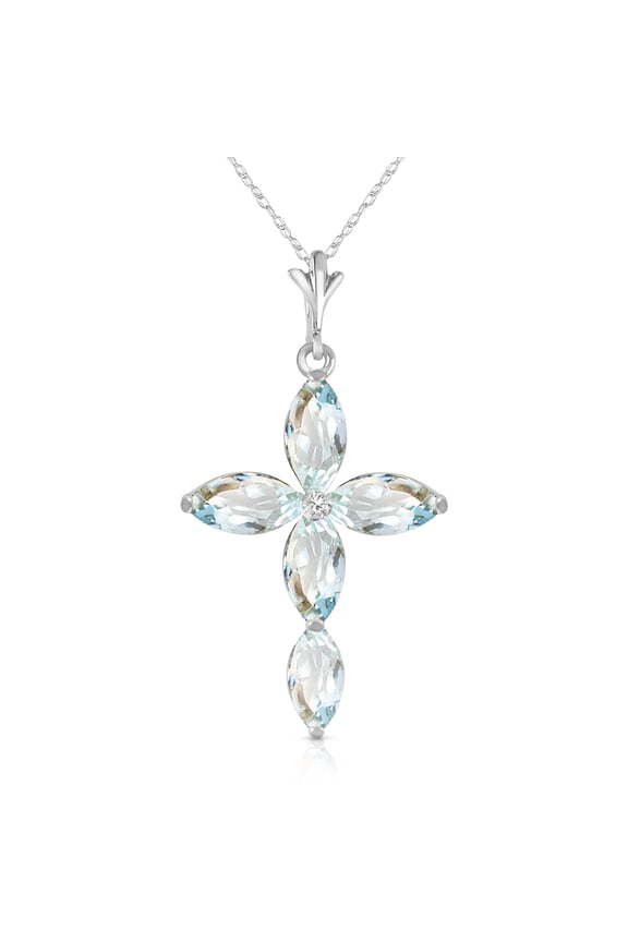 14K Solid Gold Natural Diamond & Aquamarine Cross Pendant Necklace for Women - White Gold Fine Jewelry