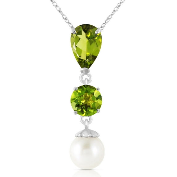Galaxy Gold GG 14K White Gold Peridot and Pearl Pendant Necklace - August Birthstone - Warmth & Prosperity - 16" to 24" - Fine Jewelry for Women