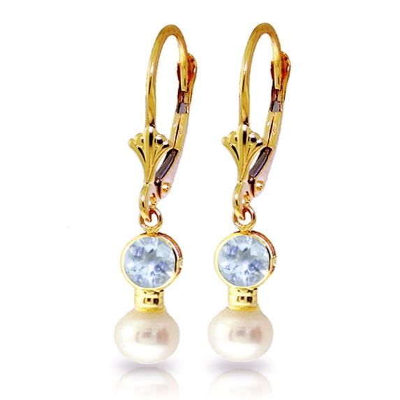 Galaxy Gold 14K Yellow Gold 2.7 CTW Freshwater Pearl and Natural Aquamarine Dangle Earrings - March Birthstone - Courage & Clarity - Fine Jewelry for Women
