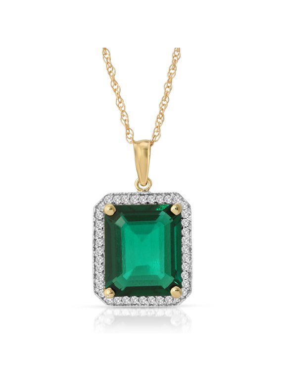14K Yellow Gold 4.70 Carat Genuine Emerald Halo Design Pendant Necklace - May Birthstone - Renewal & Love - 16" to 24" - Fine Jewelry for Women