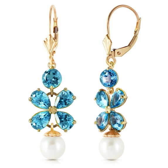 Galaxy Gold Genuine 14k Solid Gold Chandelier Earrings with 6.28 CTW Natural Blue Topaz and Pearl