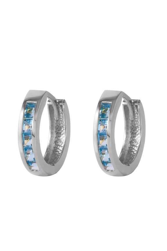 14K Solid Gold Natural Blue Topaz Huggie Earrings for Women - White Gold Fine Jewelry