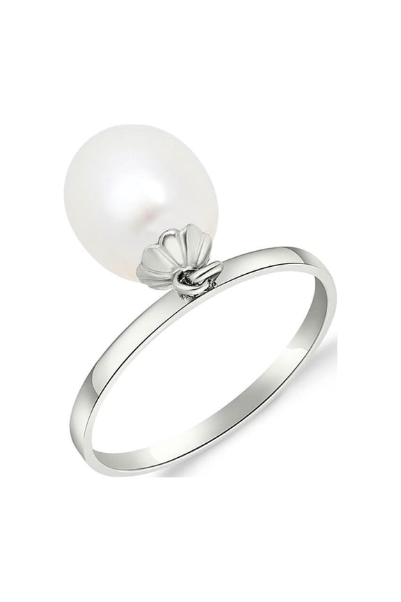 Size 10.5  14K Solid White Gold Ring with Dangling Natural Pearl