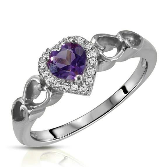 Galaxy Gold Size 10.5 14K Solid White Gold Ring with Natural Diamonds & Heart Natural Purple Amethyst Grade AAA
