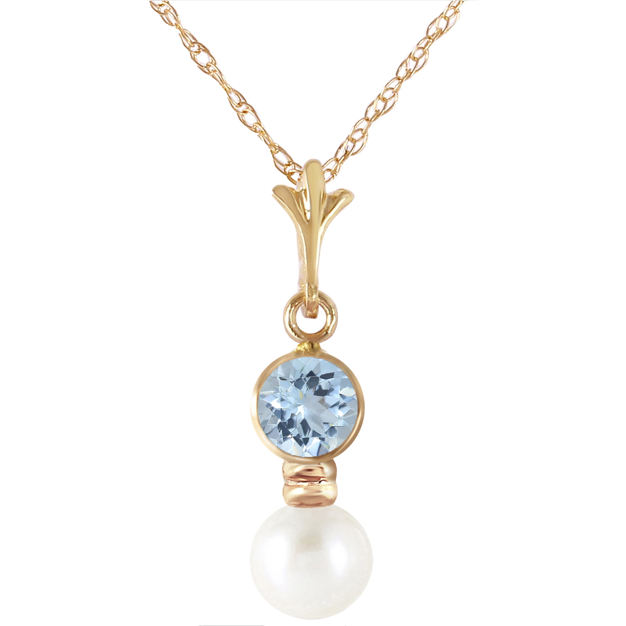 Galaxy Gold Size 18 inch  14k Yellow Gold  Aquamarine and Cultured Pearl Pendant Necklace