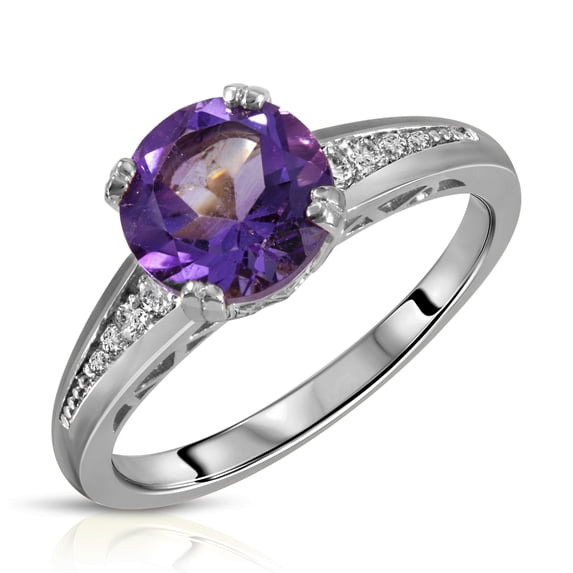 Galaxy Gold Size 7.0 14K Solid White Gold Ring with Natural Diamonds & Round Shape Natural Amethyst Grade AAA